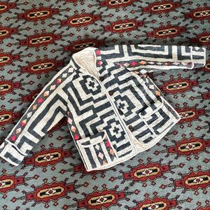 Rare Jungalow Hypnotic Cotton Quilt Jacket Coat White Black Red Folk Print
